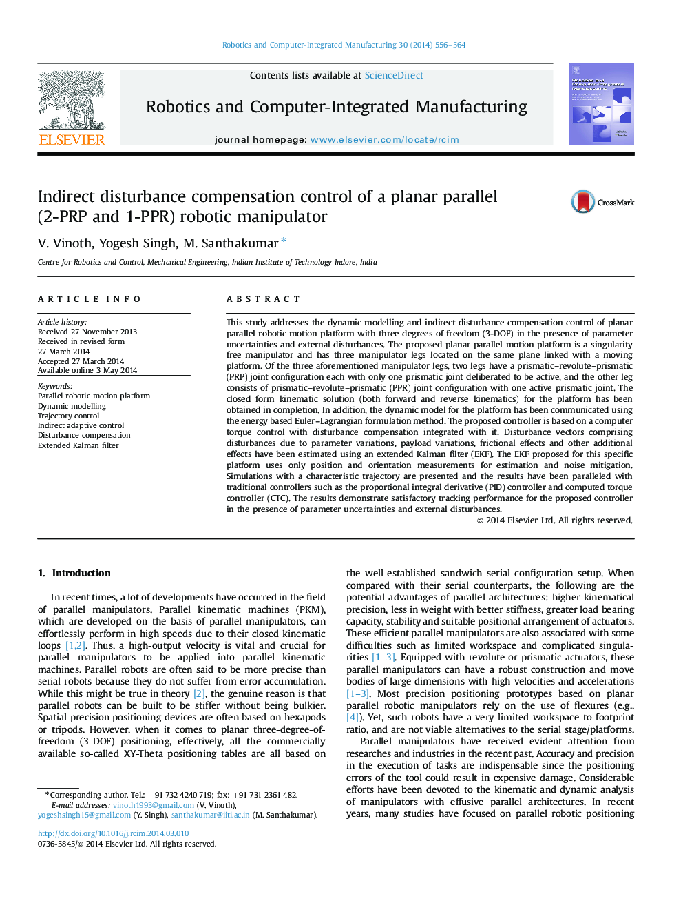 Indirect disturbance compensation control of a planar parallel (2-PRP and 1-PPR) robotic manipulator