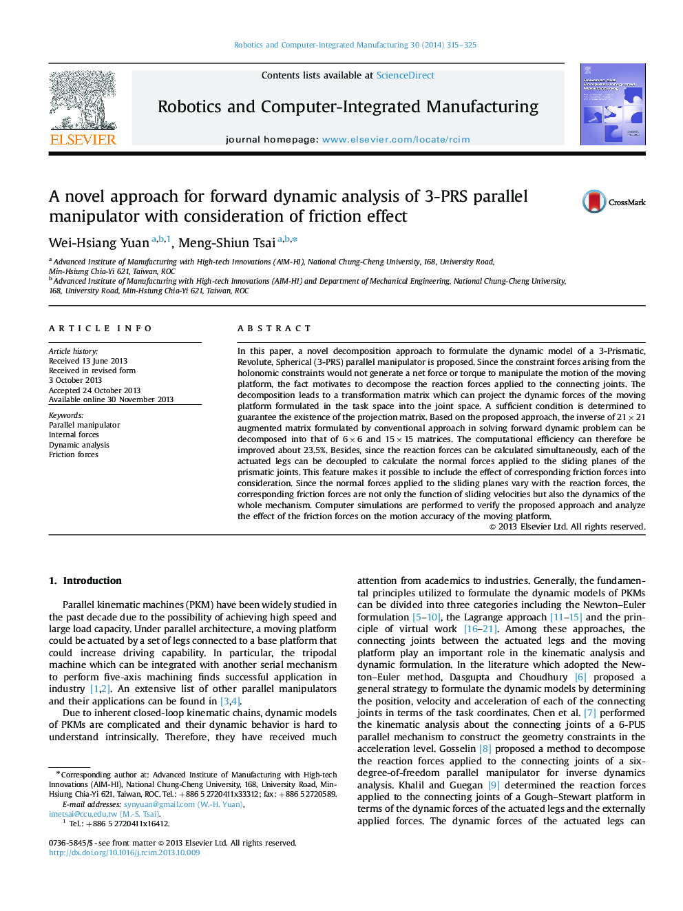 A novel approach for forward dynamic analysis of 3-PRS parallel manipulator with consideration of friction effect