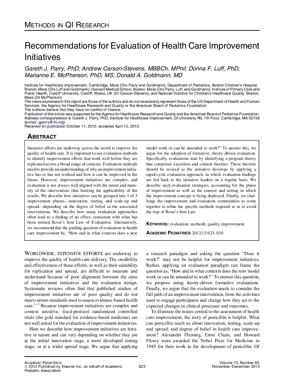 Recommendations for Evaluation of Health Care Improvement Initiatives 