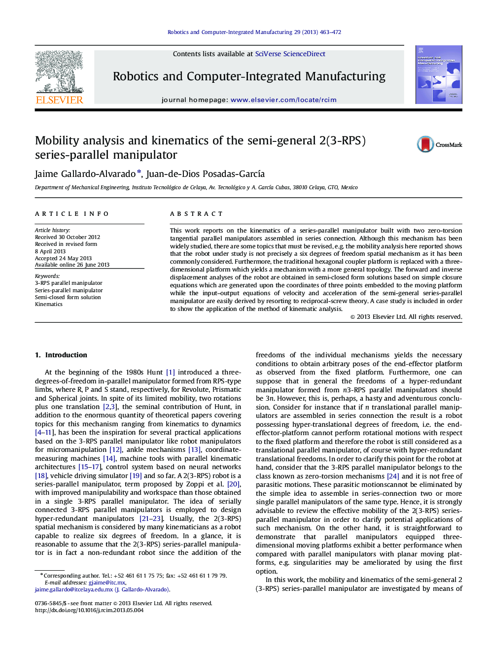 عکس صفحه اول مقاله: Mobility analysis and kinematics of the semi-general 2(3-RPS) series-parallel manipulator Mobility analysis and kinematics of the semi-general 2(3-RPS) series-parallel manipulator