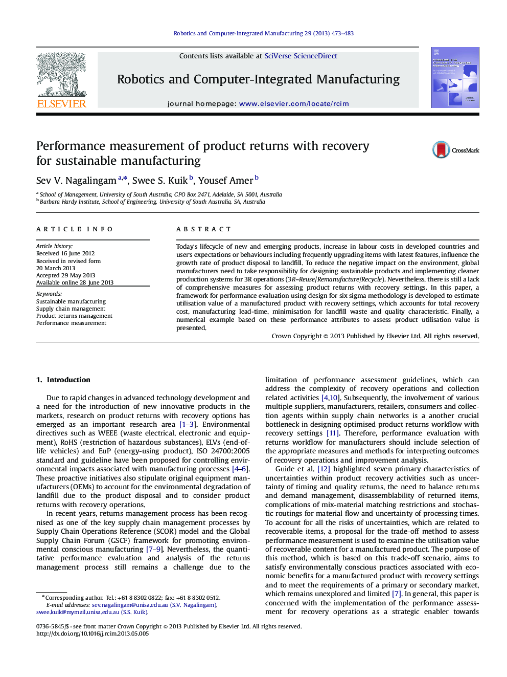 Performance measurement of product returns with recovery for sustainable manufacturing