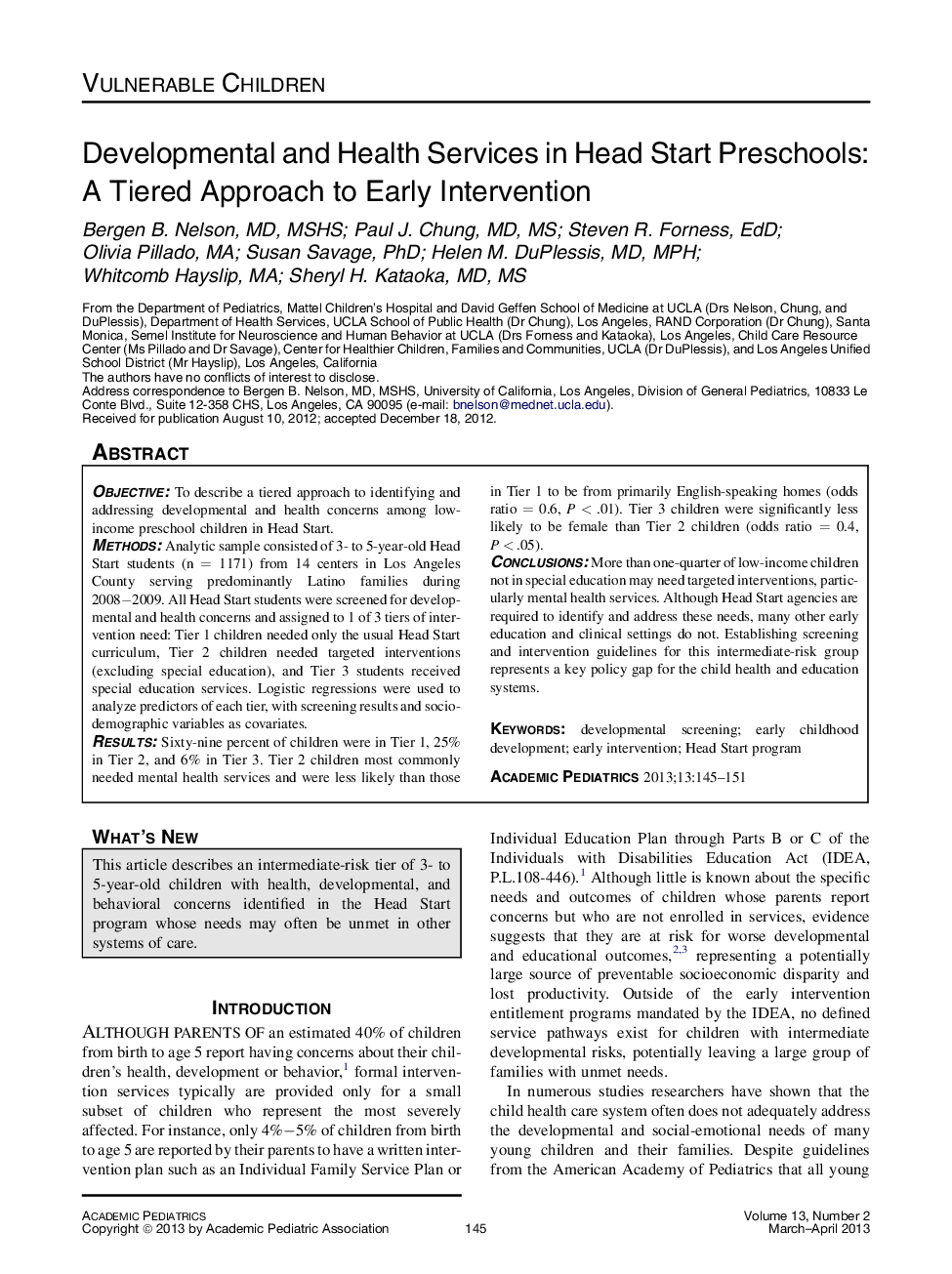 Developmental and Health Services in Head Start Preschools: A Tiered Approach to Early Intervention 