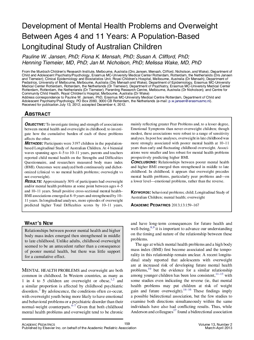 Development of Mental Health Problems and Overweight Between Ages 4 and 11 Years: A Population-Based Longitudinal Study of Australian Children