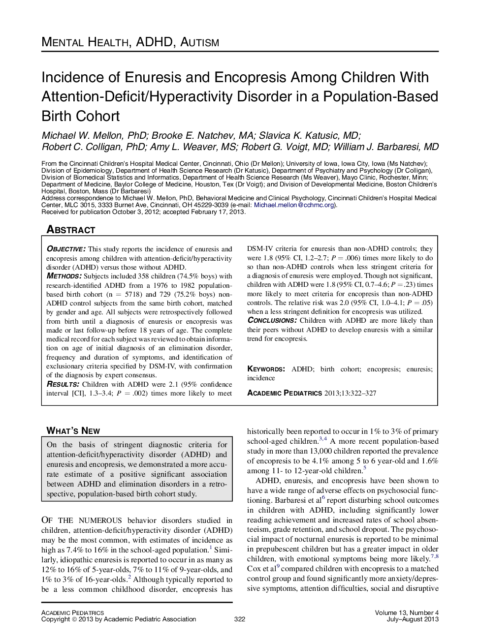 عکس صفحه اول مقاله: Incidence of Enuresis and Encopresis Among Children With Attention-Deficit/Hyperactivity Disorder in a Population-Based Birth Cohort Incidence of Enuresis and Encopresis Among Children With Attention-Deficit/Hyperactivity Disorder in a Population-Based Birth Cohort