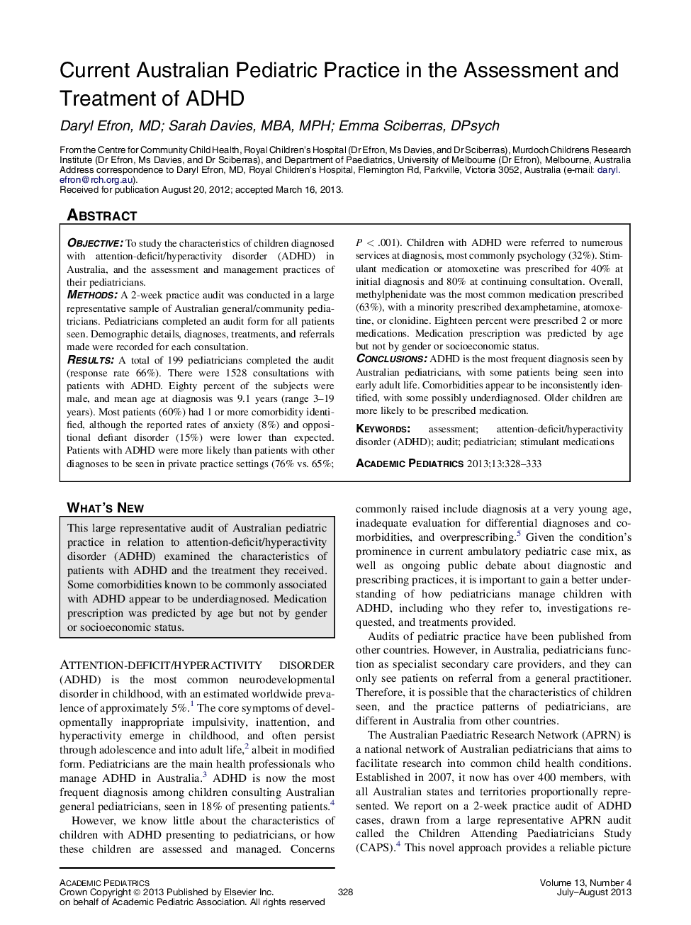 Current Australian Pediatric Practice in the Assessment and Treatment of ADHD