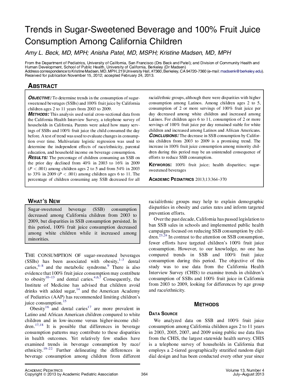 عکس صفحه اول مقاله: Trends in Sugar-Sweetened Beverage and 100% Fruit Juice Consumption Among California Children Trends in Sugar-Sweetened Beverage and 100% Fruit Juice Consumption Among California Children