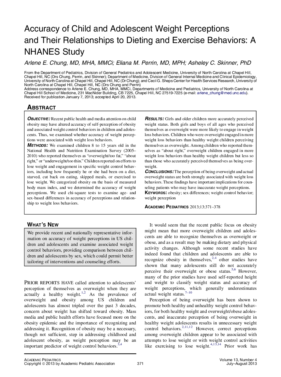 Accuracy of Child and Adolescent Weight Perceptions and Their Relationships to Dieting and Exercise Behaviors: A NHANES Study