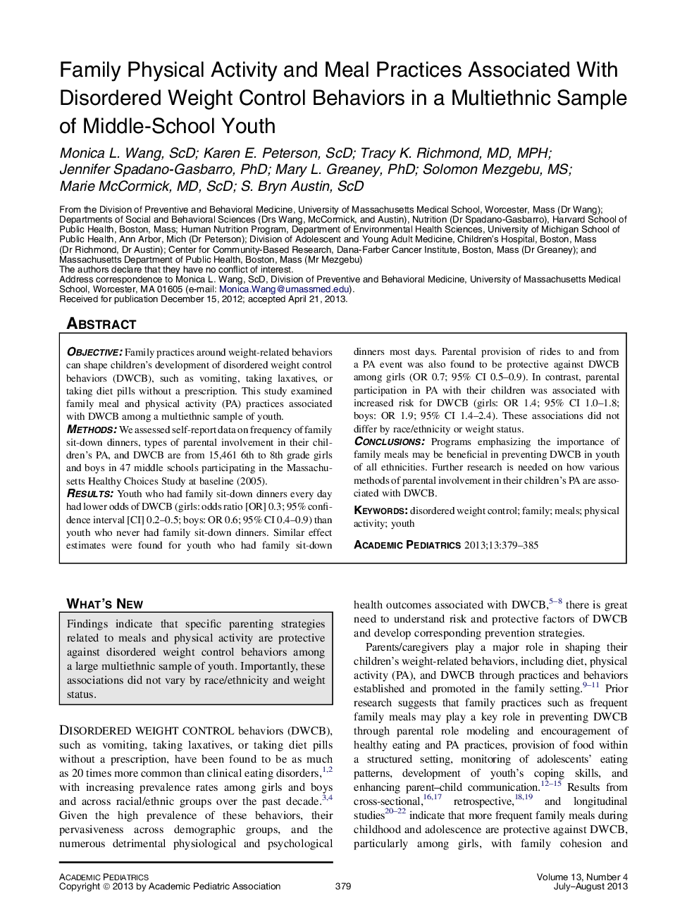 عکس صفحه اول مقاله: Family Physical Activity and Meal Practices Associated With Disordered Weight Control Behaviors in a Multiethnic Sample of Middle-School Youth Family Physical Activity and Meal Practices Associated With Disordered Weight Control Behaviors in a Multiethnic Sample of Middle-School Youth