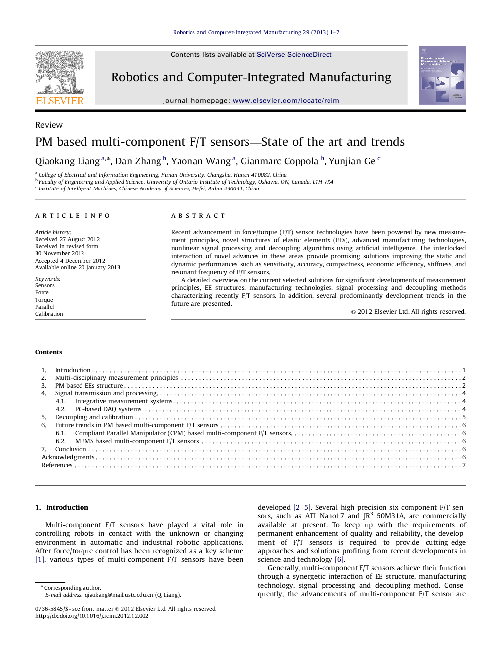 PM based multi-component F/T sensors—State of the art and trends