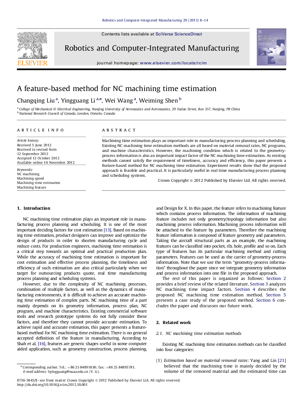 A feature-based method for NC machining time estimation