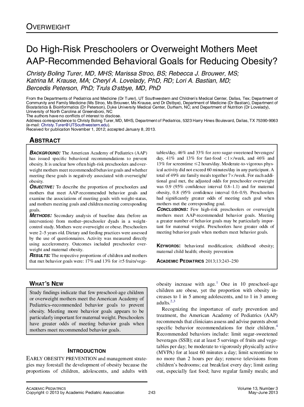 Do High-Risk Preschoolers or Overweight Mothers Meet AAP-Recommended Behavioral Goals for Reducing Obesity? 