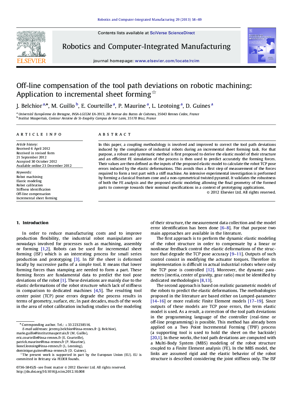 Off-line compensation of the tool path deviations on robotic machining: Application to incremental sheet forming 