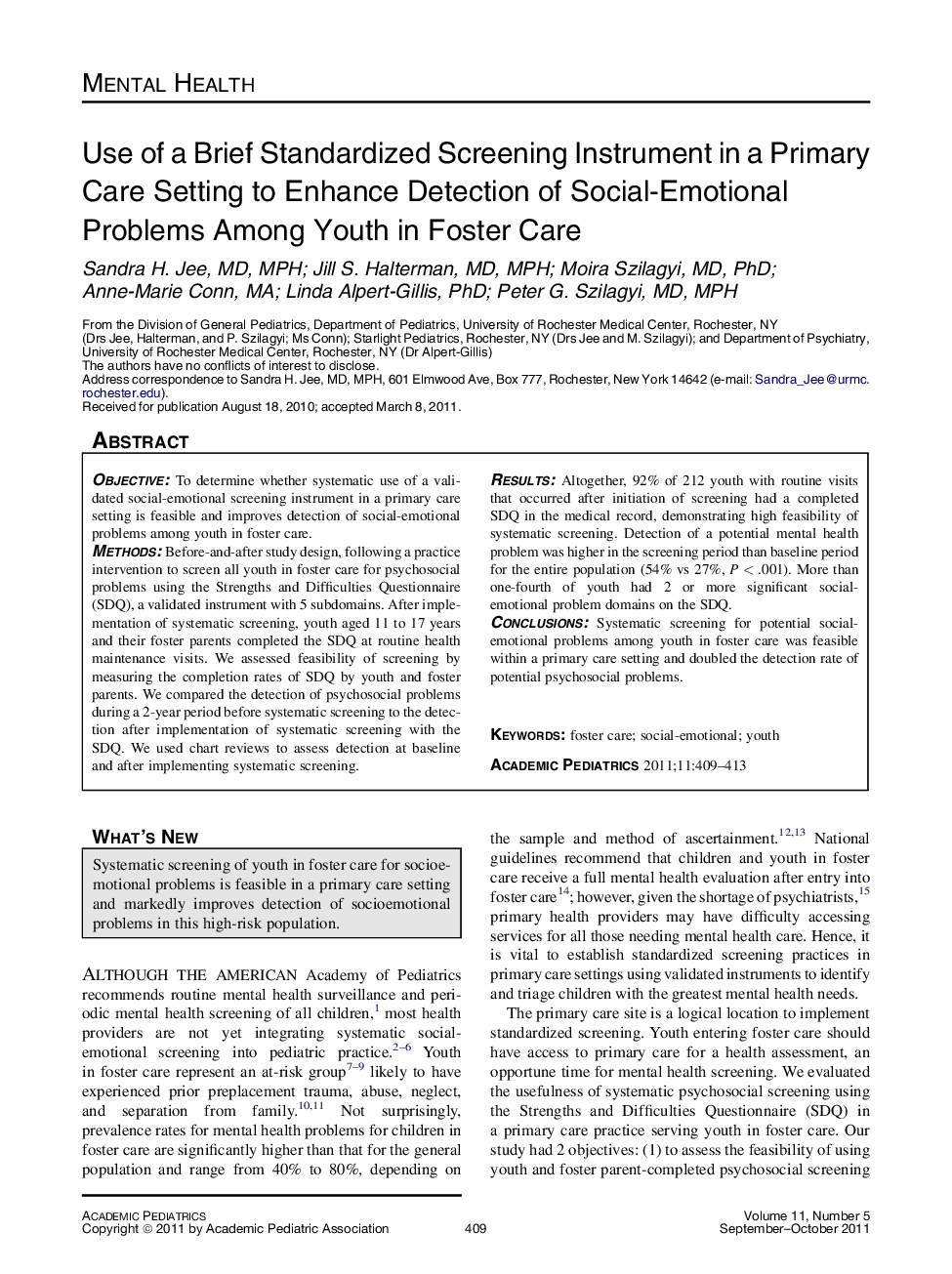 Use of a Brief Standardized Screening Instrument in a Primary Care Setting to Enhance Detection of Social-Emotional Problems Among Youth in Foster Care 