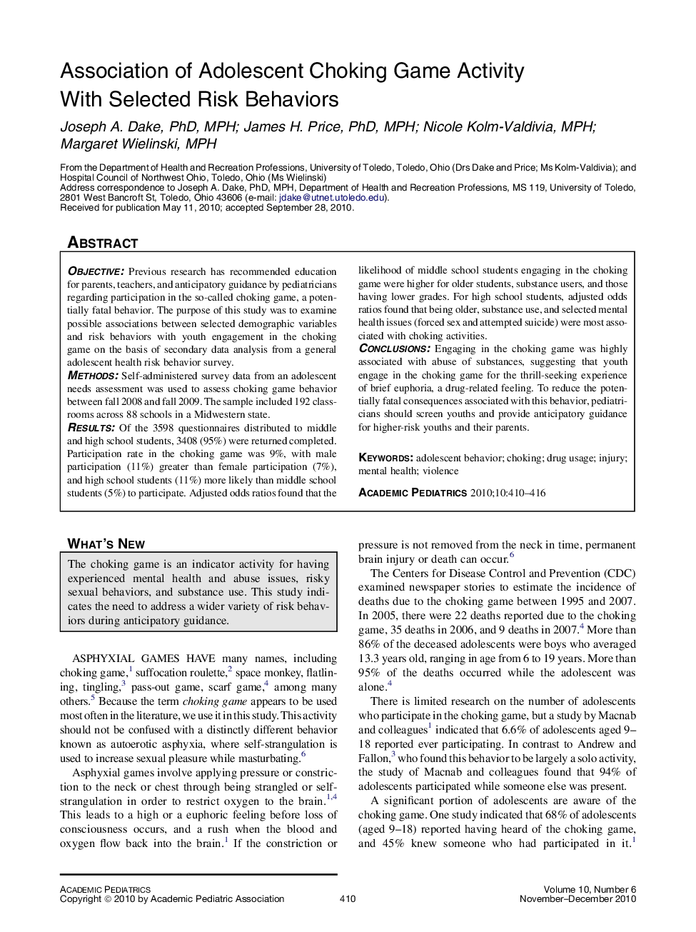 Association of Adolescent Choking Game Activity With Selected Risk Behaviors