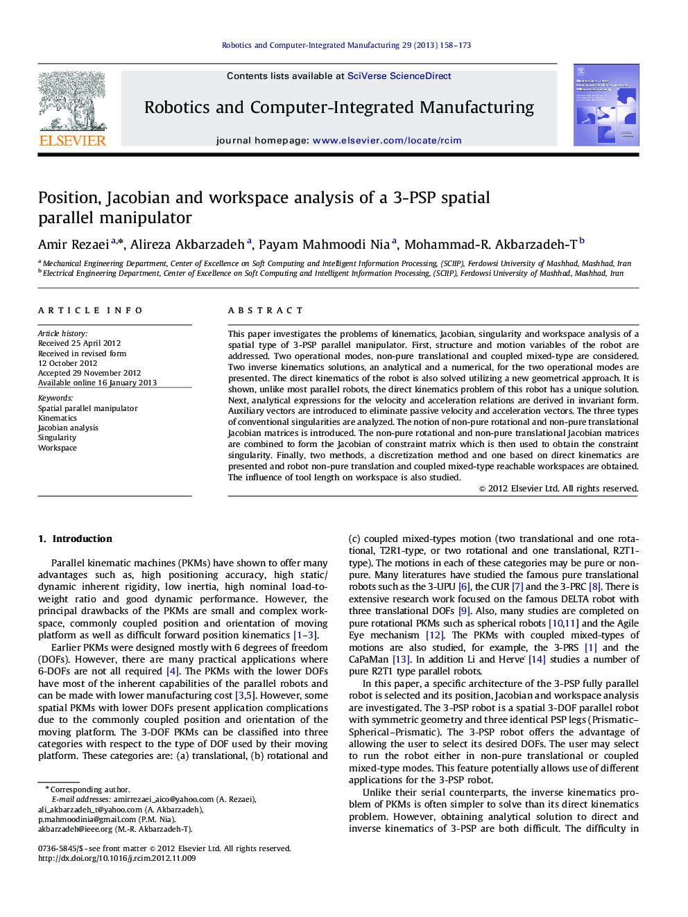 Position, Jacobian and workspace analysis of a 3-PSP spatial parallel manipulator