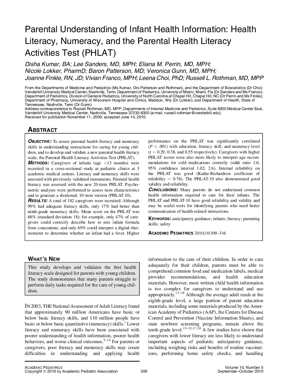 Parental Understanding of Infant Health Information: Health Literacy, Numeracy, and the Parental Health Literacy Activities Test (PHLAT)