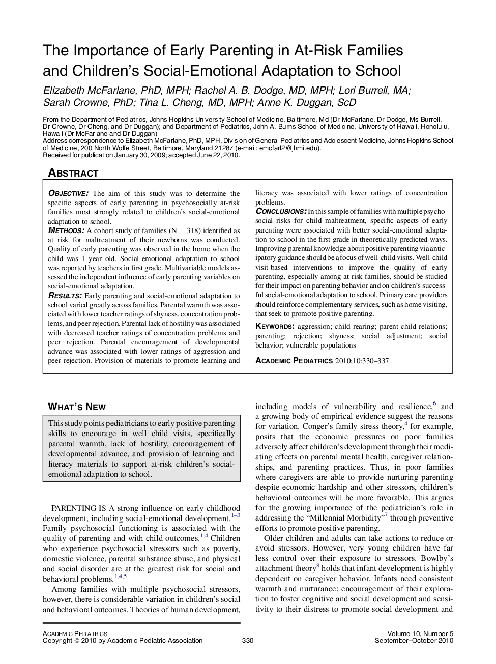 The Importance of Early Parenting in At-Risk Families and Children’s Social-Emotional Adaptation to School