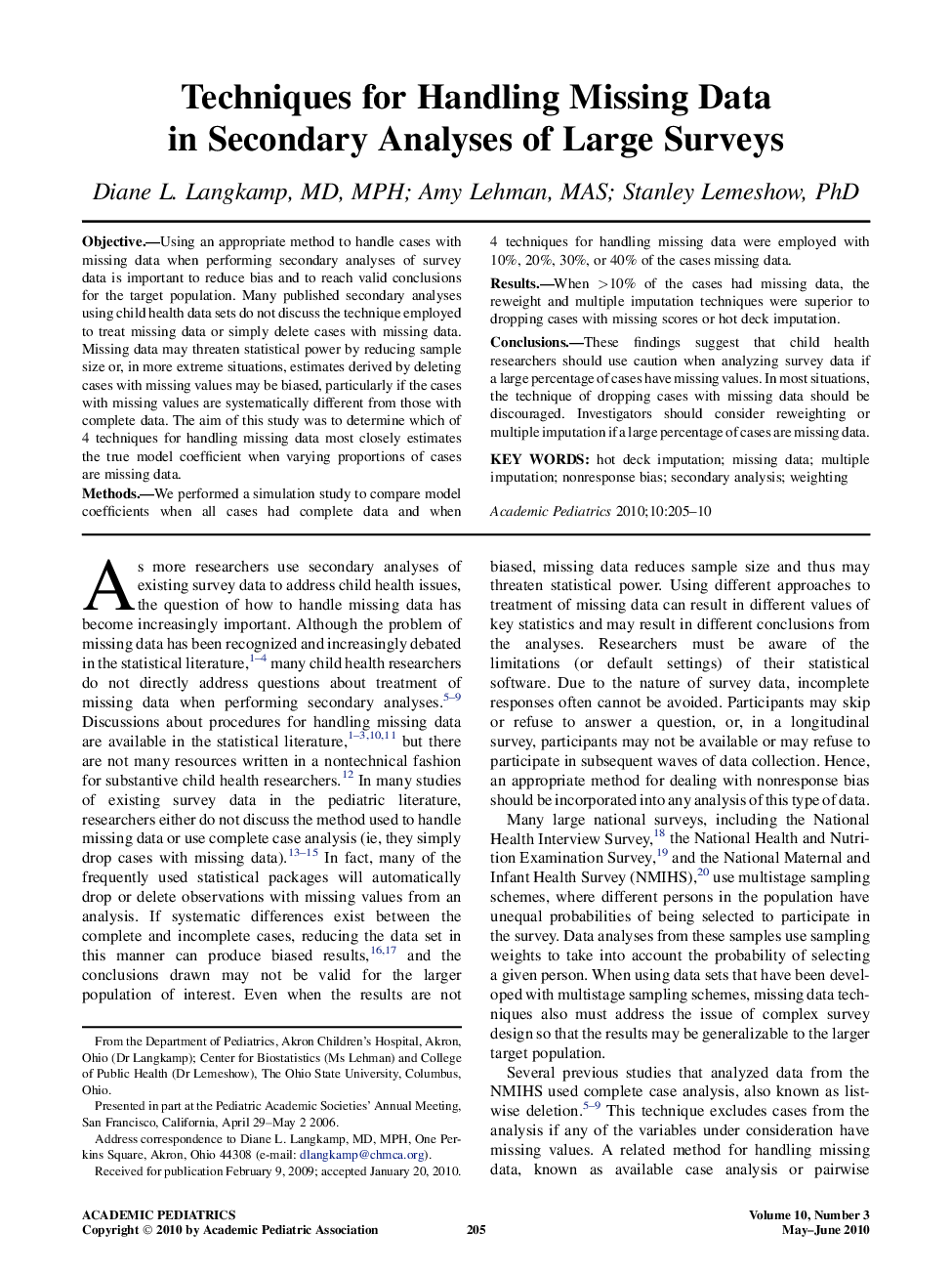 Techniques for Handling Missing Data in Secondary Analyses of Large Surveys