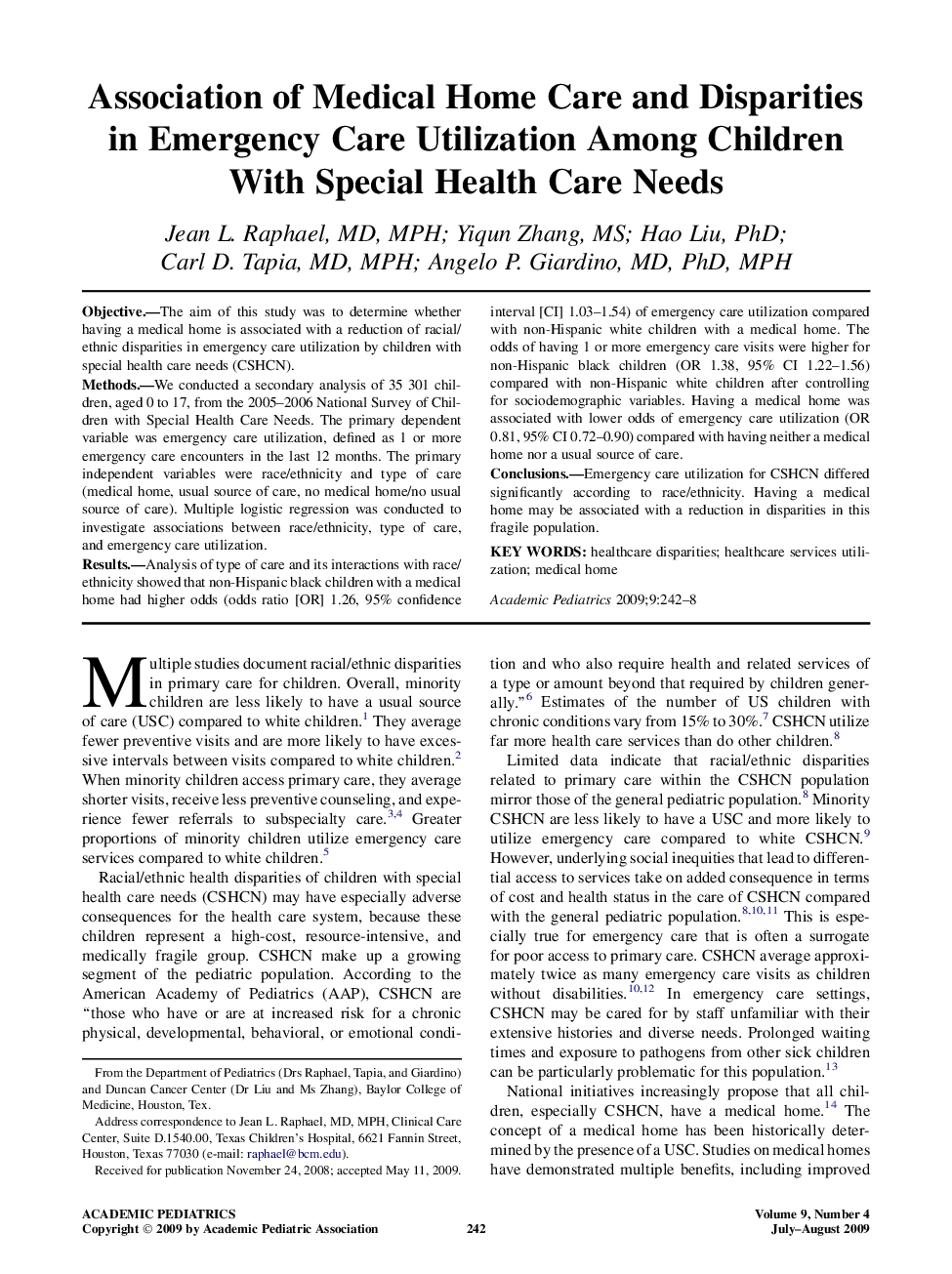 Association of Medical Home Care and Disparities in Emergency Care Utilization Among Children With Special Health Care Needs