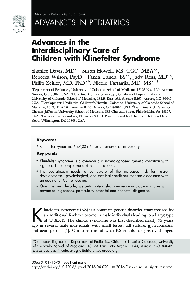 Advances in the Interdisciplinary Care of Children with Klinefelter Syndrome