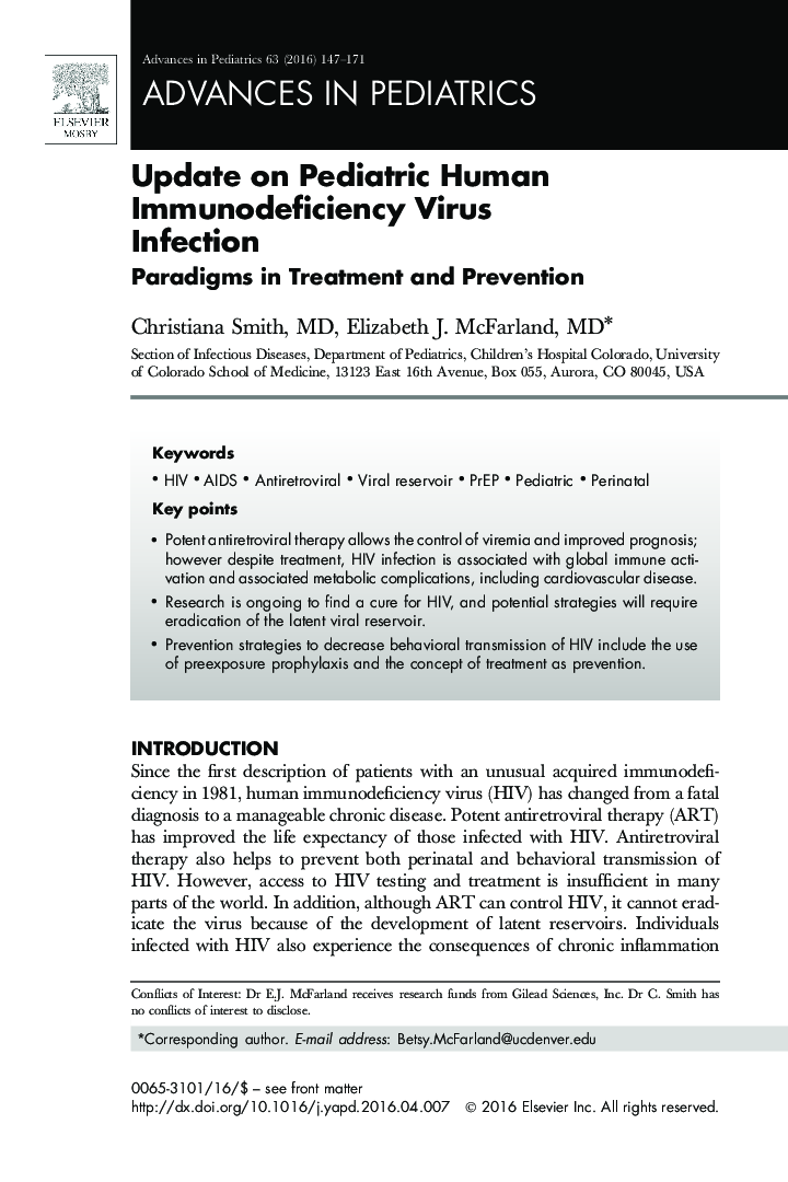 Update on Pediatric Human Immunodeficiency Virus Infection
