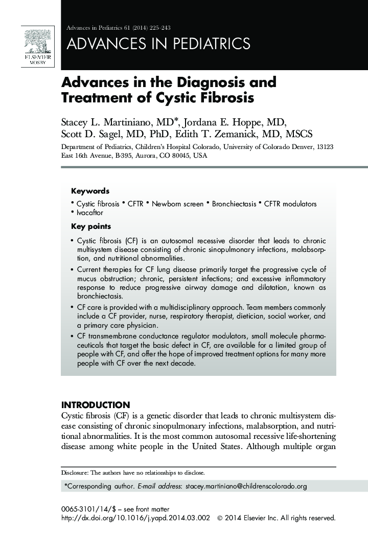 Advances in the Diagnosis and Treatment of Cystic Fibrosis