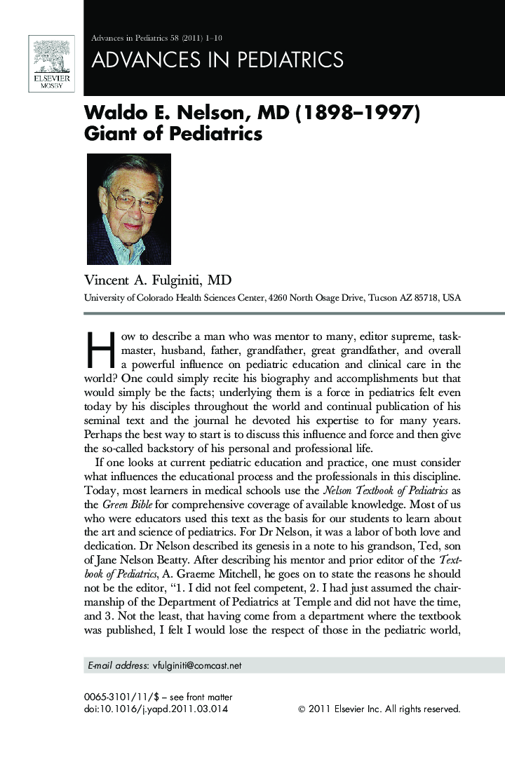 Waldo E. Nelson, MD (1898-1997) Giant of Pediatrics
