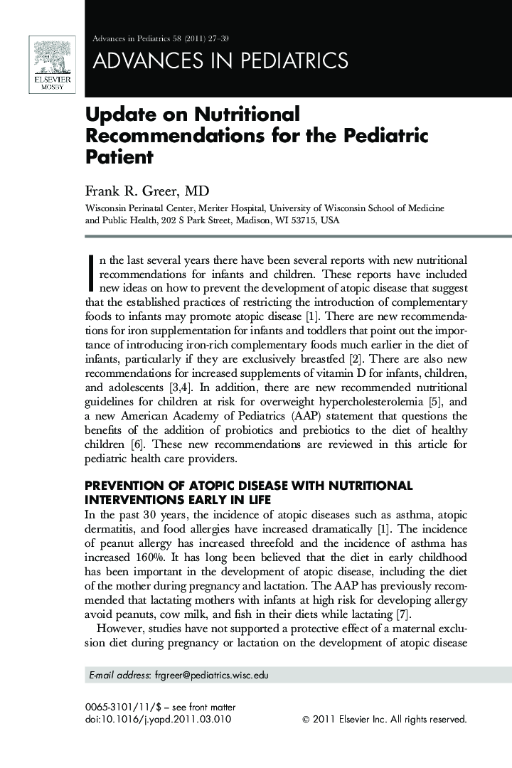 Update on Nutritional Recommendations for the Pediatric Patient