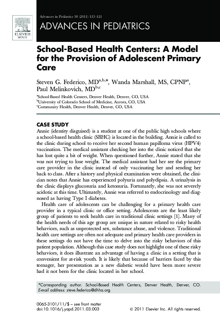 School-Based Health Centers: A Model for the Provision of Adolescent Primary Care