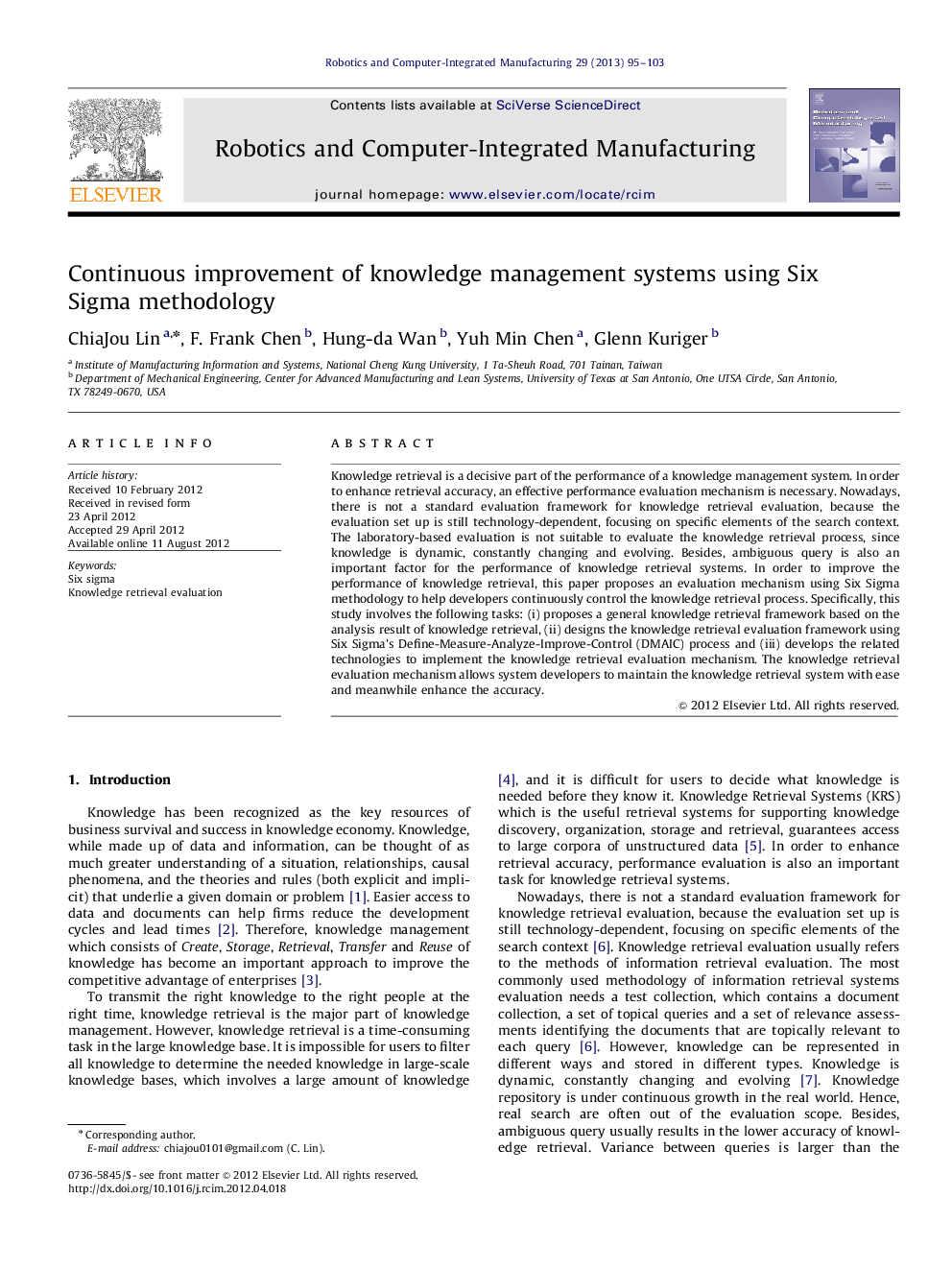 Continuous improvement of knowledge management systems using Six Sigma methodology