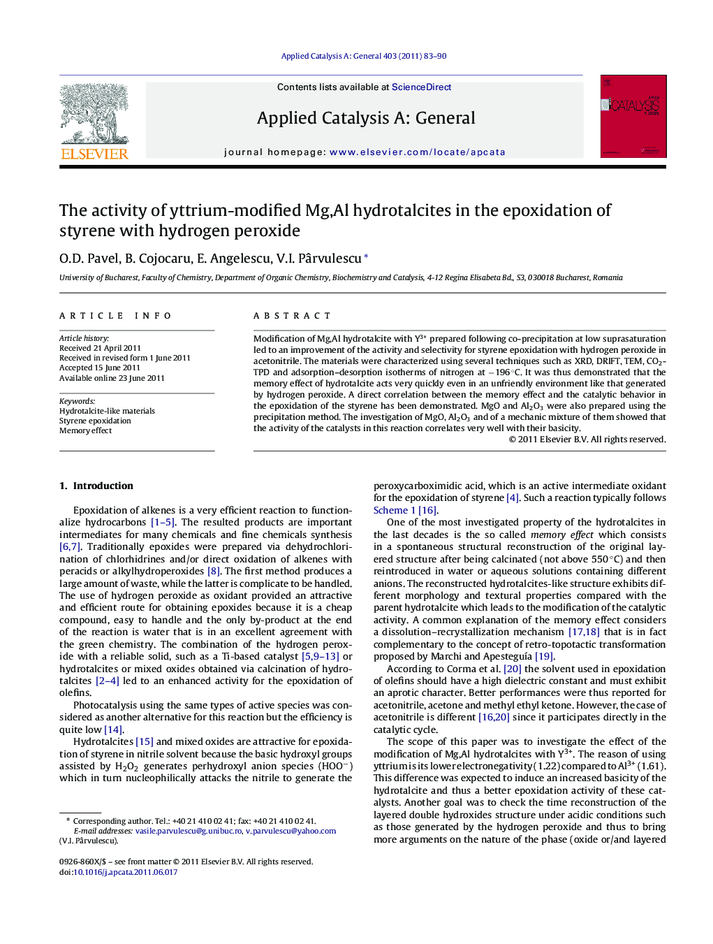 The activity of yttrium-modified Mg,Al hydrotalcites in the epoxidation of styrene with hydrogen peroxide