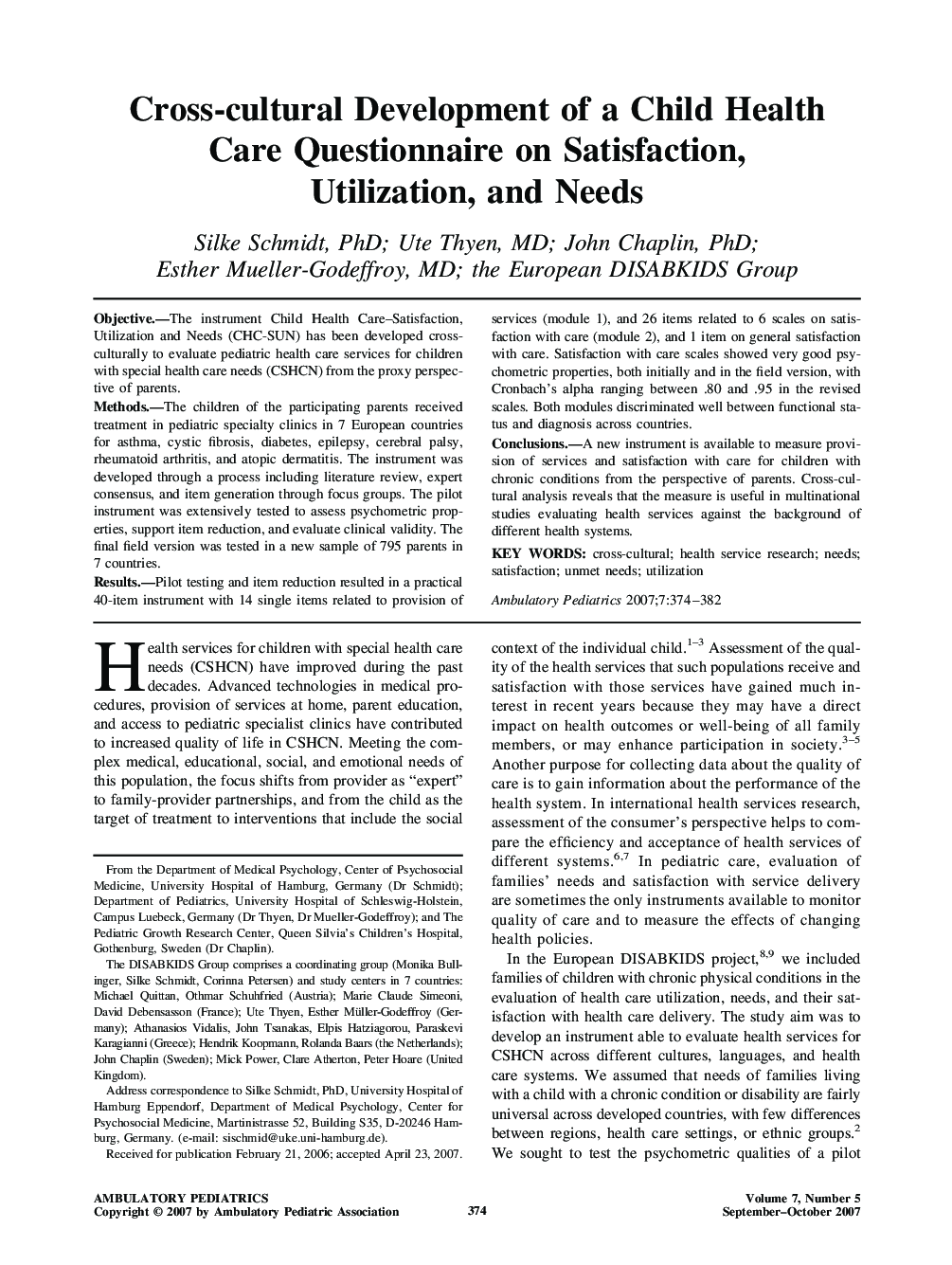 Cross-cultural Development of a Child Health Care Questionnaire on Satisfaction, Utilization, and Needs 