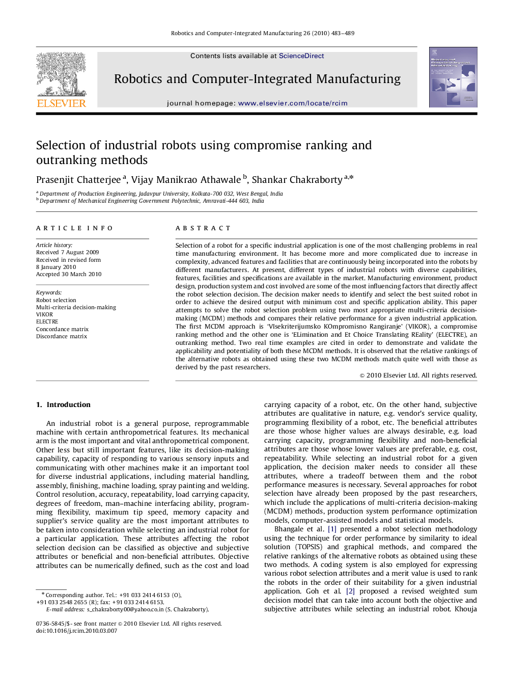 Selection of industrial robots using compromise ranking and outranking methods