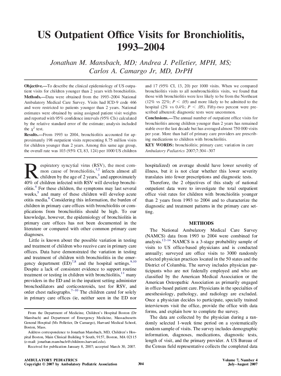 US Outpatient Office Visits for Bronchiolitis, 1993–2004