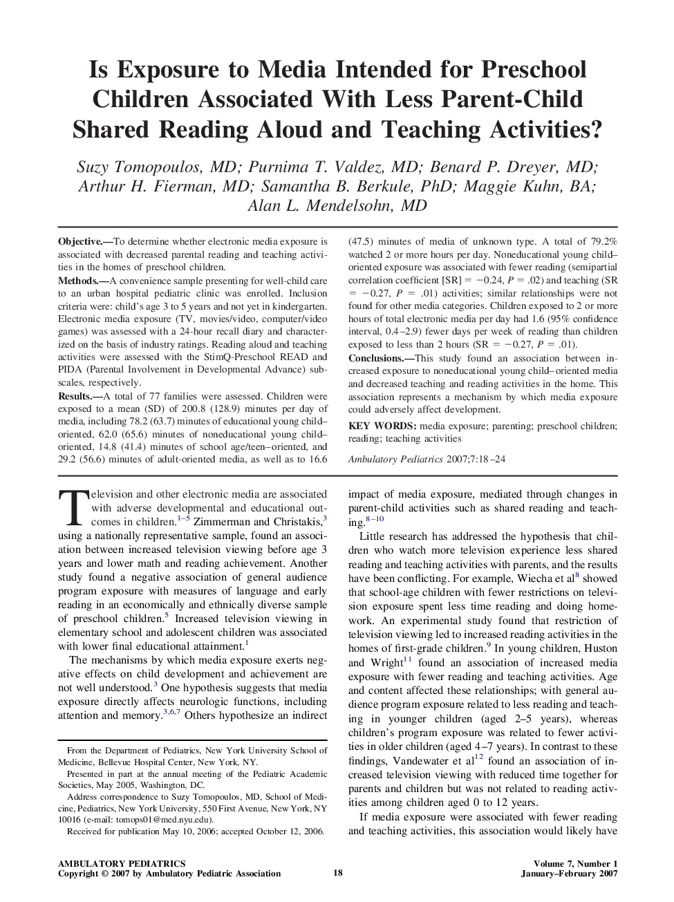 Is Exposure to Media Intended for Preschool Children Associated With Less Parent-Child Shared Reading Aloud and Teaching Activities?