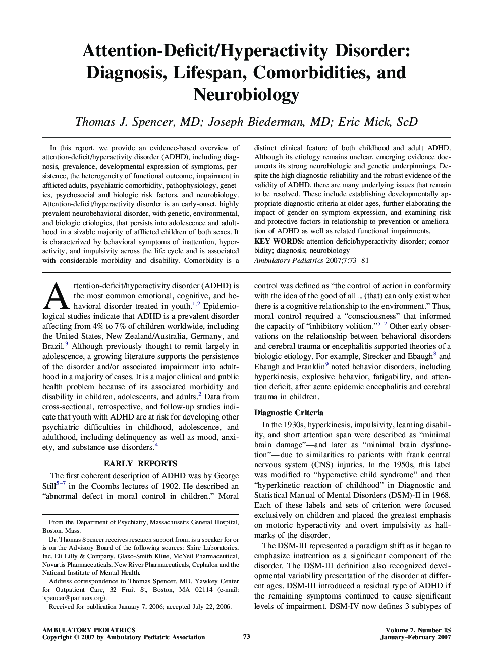 Attention-Deficit/Hyperactivity Disorder: Diagnosis, Lifespan, Comorbidities, and Neurobiology