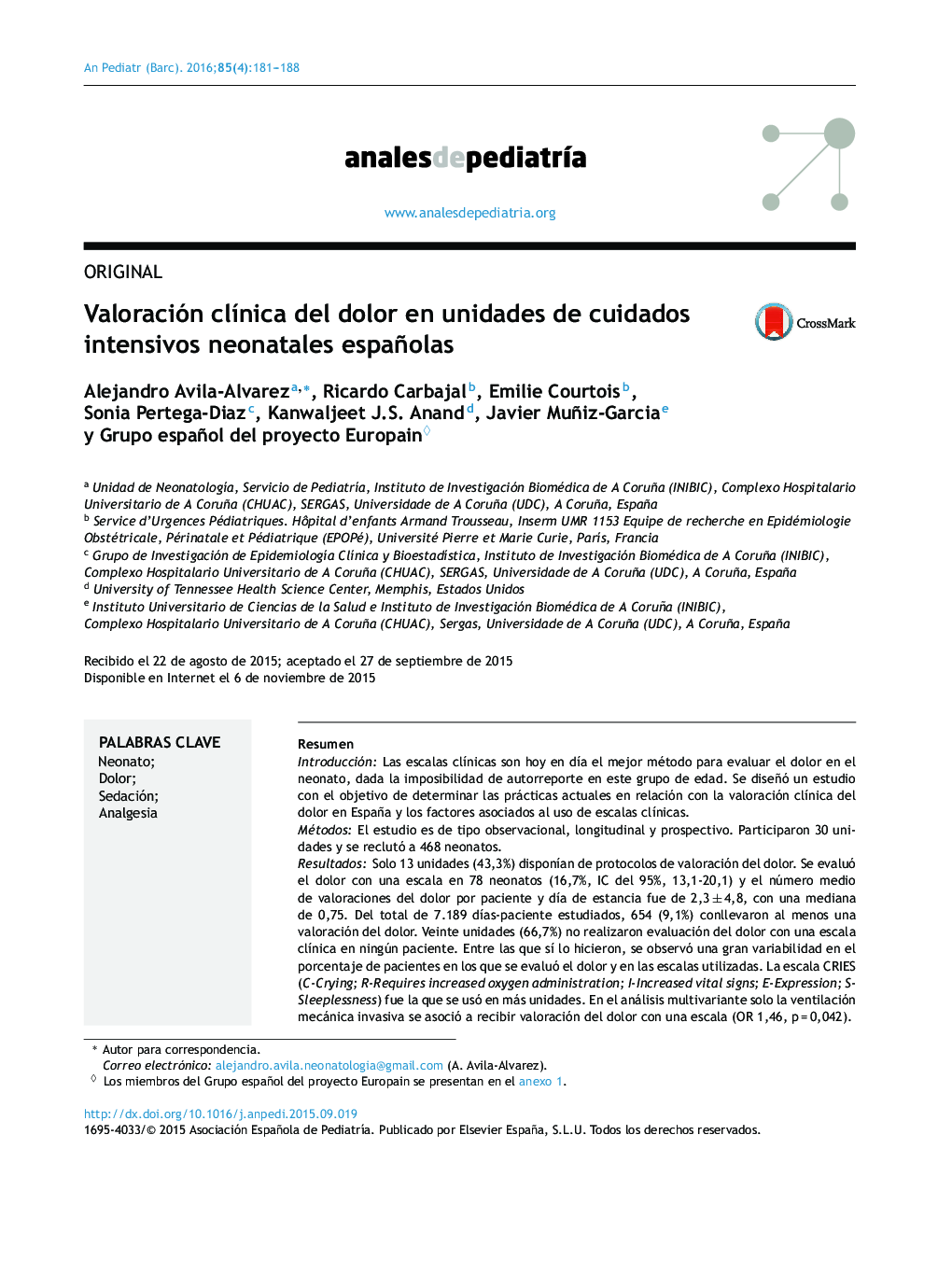 عکس صفحه اول مقاله: Valoración clínica del dolor en unidades de cuidados intensivos neonatales españolas Valoración clínica del dolor en unidades de cuidados intensivos neonatales españolas