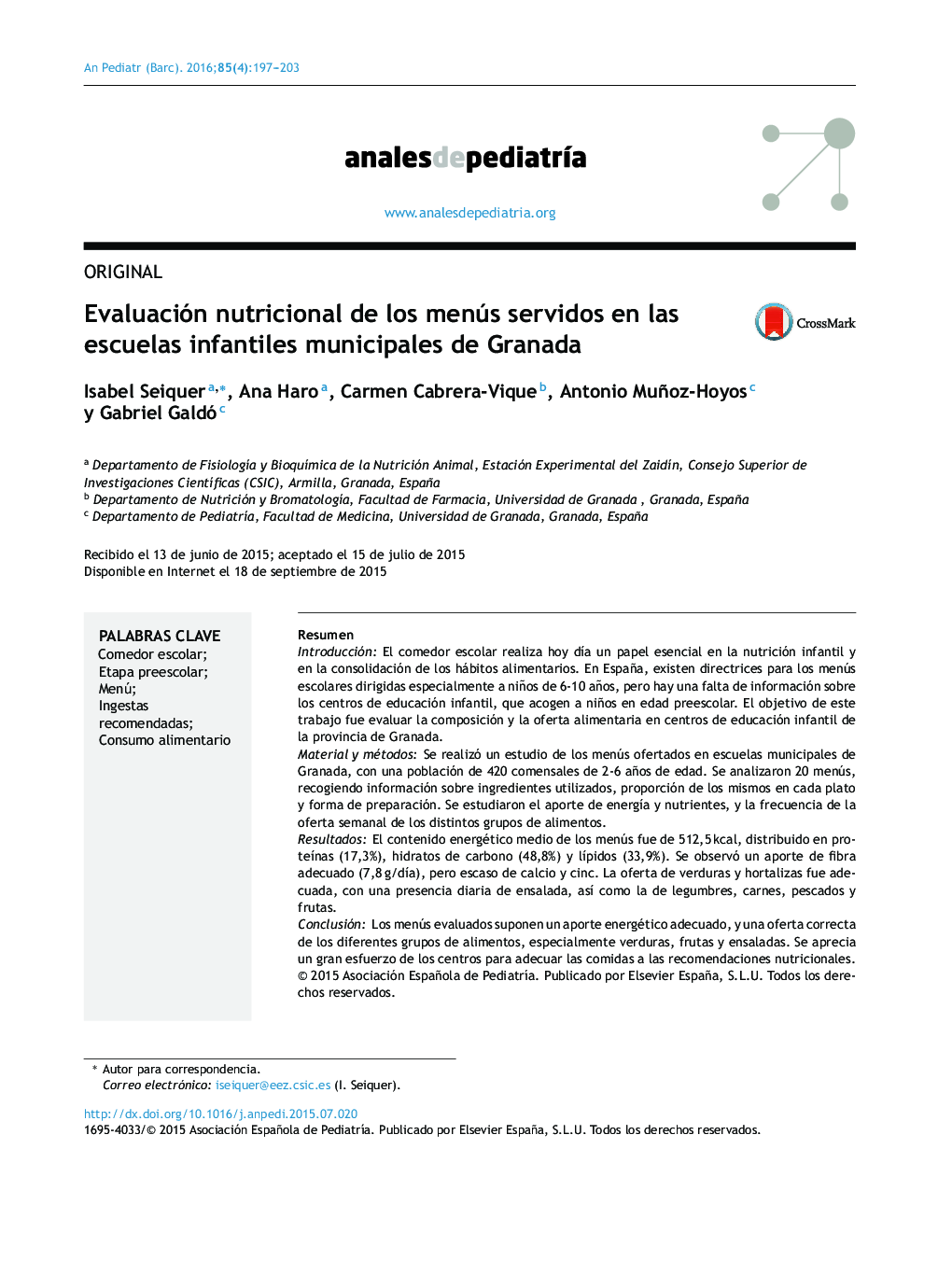 Evaluación nutricional de los menús servidos en las escuelas infantiles municipales de Granada