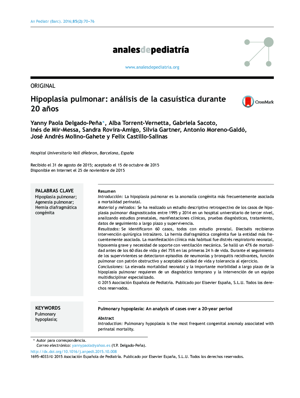 Hipoplasia pulmonar: análisis de la casuística durante 20 años