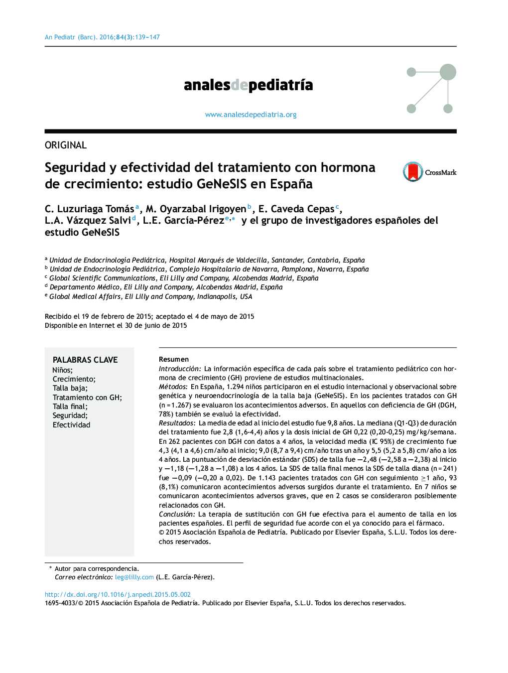 Seguridad y efectividad del tratamiento con hormona de crecimiento: estudio GeNeSIS en España