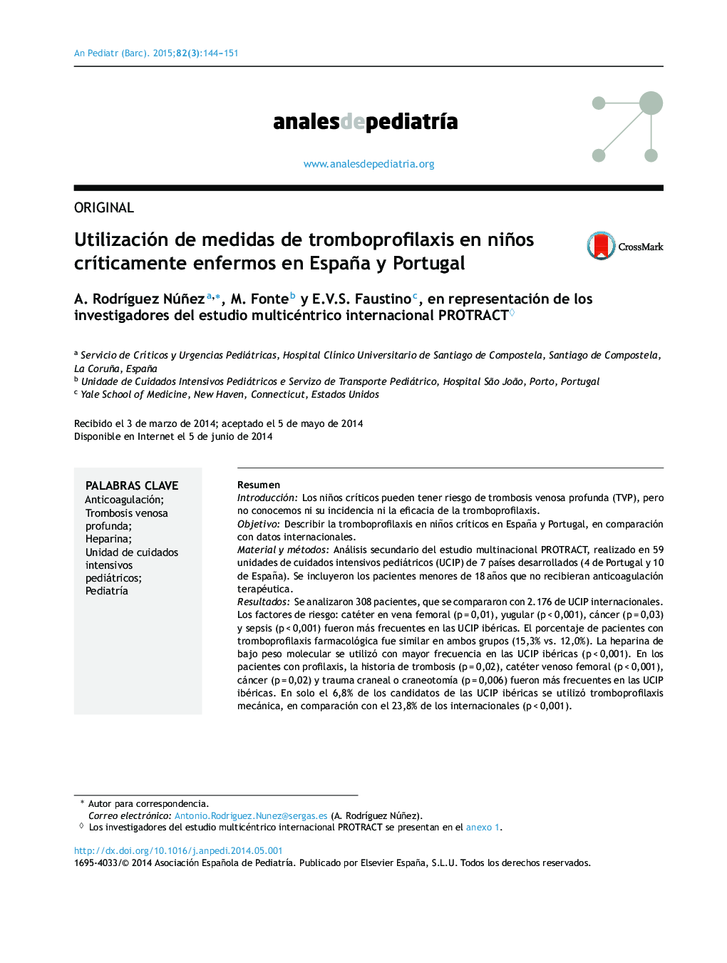 Utilización de medidas de tromboprofilaxis en niños críticamente enfermos en España y Portugal