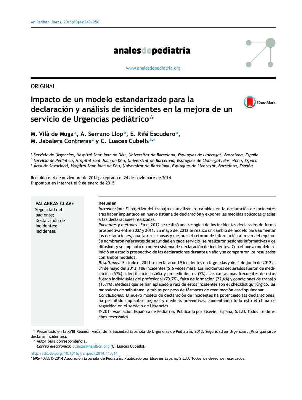 Impacto de un modelo estandarizado para la declaración y análisis de incidentes en la mejora de un servicio de Urgencias pediátrico 