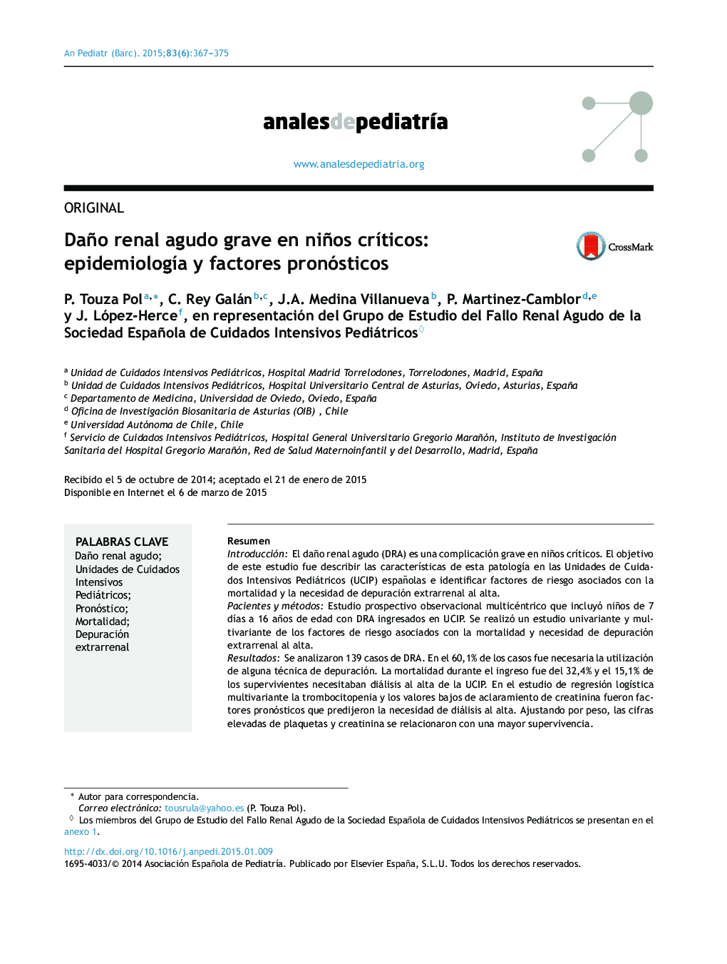 Daño renal agudo grave en niños crÃ­ticos: epidemiologÃ­a y factores pronósticos