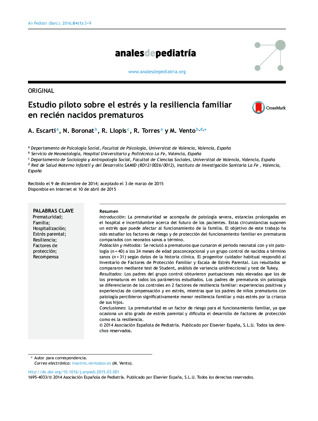 Estudio piloto sobre el estrés y la resiliencia familiar en recién nacidos prematuros