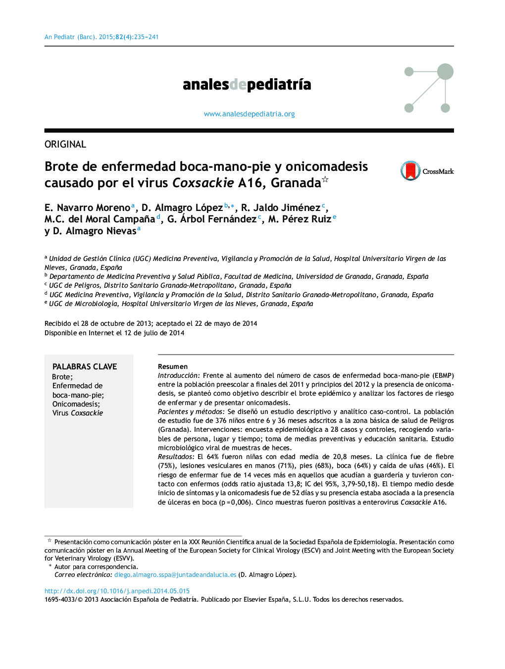 Brote de enfermedad boca-mano-pie y onicomadesis causado por el virus Coxsackie A16, Granada