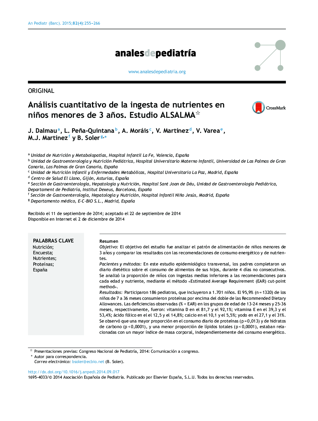 Análisis cuantitativo de la ingesta de nutrientes en niños menores de 3 años. Estudio ALSALMA 