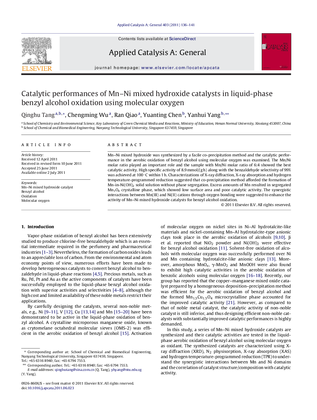 عکس صفحه اول مقاله: Catalytic performances of Mn–Ni mixed hydroxide catalysts in liquid-phase benzyl alcohol oxidation using molecular oxygen Catalytic performances of Mn–Ni mixed hydroxide catalysts in liquid-phase benzyl alcohol oxidation using molecular oxygen