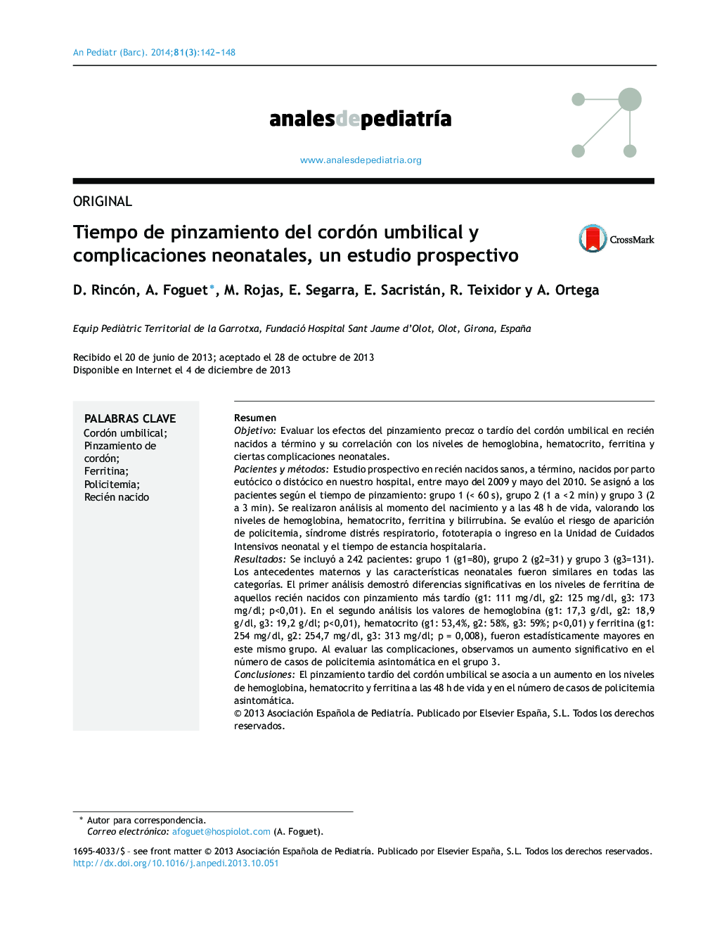 Tiempo de pinzamiento del cordón umbilical y complicaciones neonatales, un estudio prospectivo