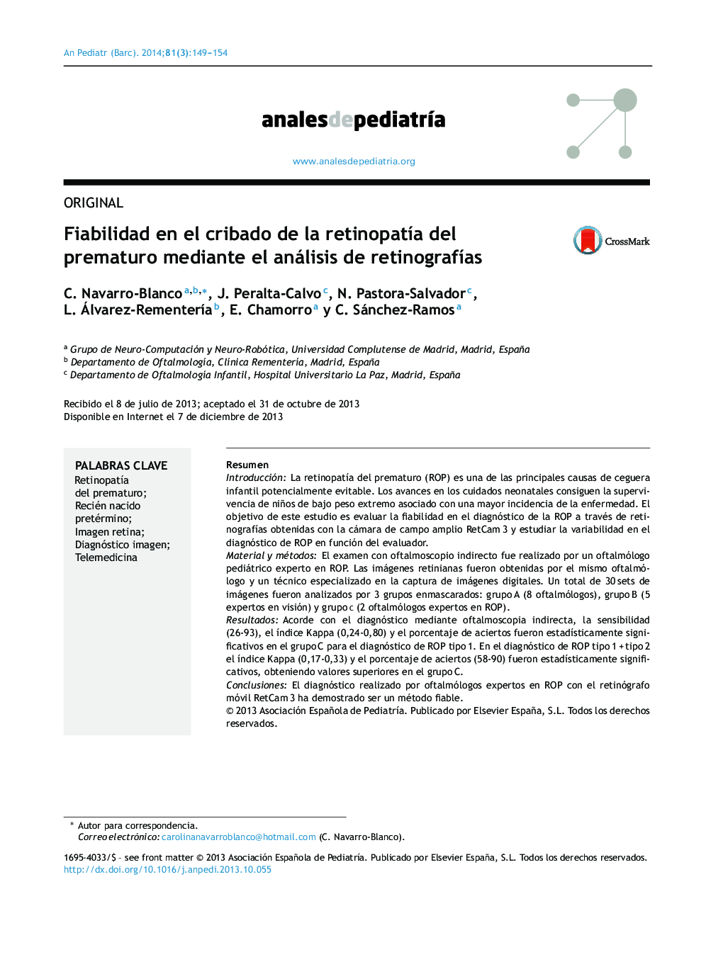 Fiabilidad en el cribado de la retinopatÃ­a del prematuro mediante el análisis de retinografÃ­as