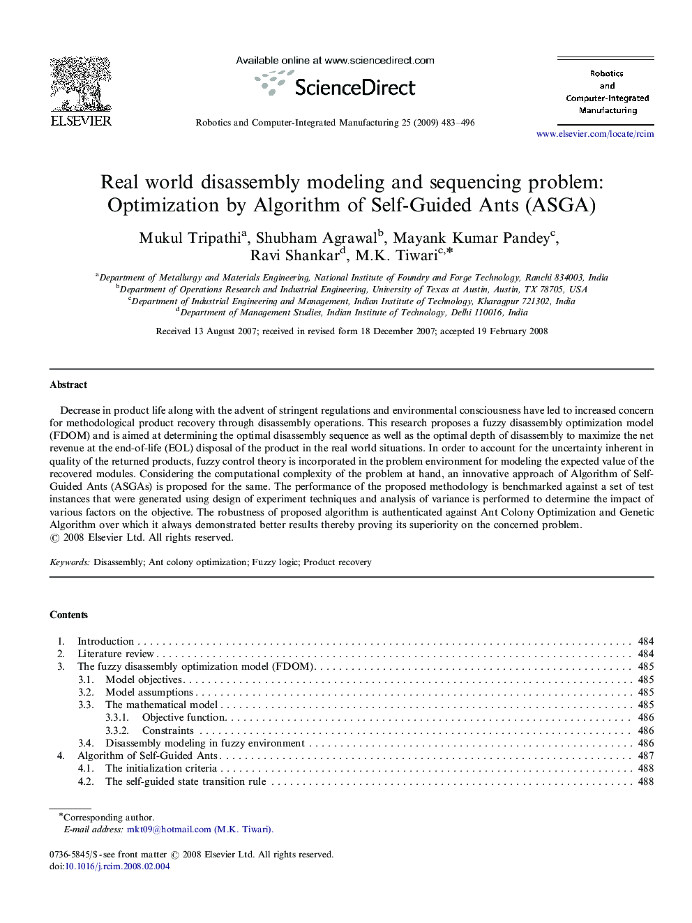 Real world disassembly modeling and sequencing problem: Optimization by Algorithm of Self-Guided Ants (ASGA)